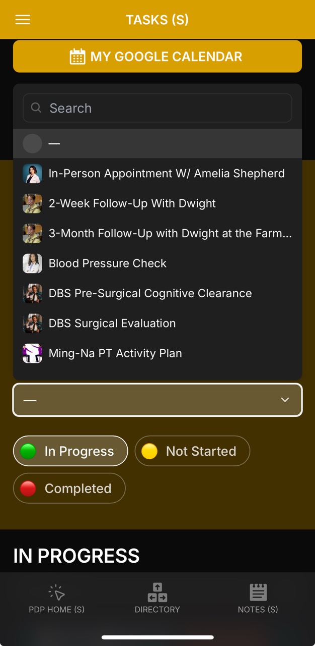 Tasks Page (Select Task Choice)